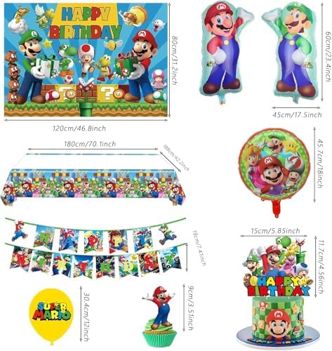 Birthday Party Decorations,48PCS Mario Cartoon Theme Supplies - 1 Backdrop, 1 Banner, 4 Aluminum Balloons, 1 Tablecloth, 25 Cake Toppers, 16 Latex Balloons. - Image 2