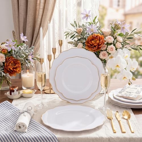NOCCUR 120PCS White and Gold Plastic Plates - 10.25inch and 7.5inch Gold Disposable Plates Set Heavy Duty for Party/Fall/Wedding/Thanksgiving - Image 2
