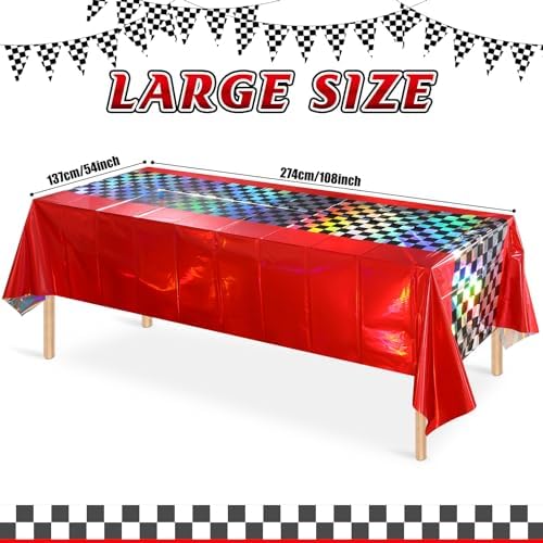 6Pack Iridescent Race Car Plastic Tablecloth, Disposable Shiny Laser Red and Black Checkered Table Cloth, Holographic Foil Rectangle Tablecloth for Race Car Boys Birthday Party Decorations, 54x108Inch - Image 2