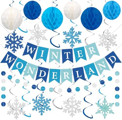 Winter Wonderland Party Decoration Winter Wonderland Banner with Pre-Strung Snowflake Hanging Swirls Blue White Honeycomb Balls Circle Dots Garland for Christmas Holiday Birthday Party Decoration by Unknown