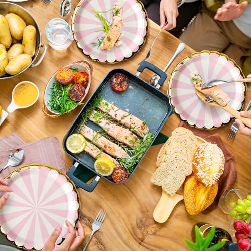 50 Pcs Pink Party Paper Plates with Gold Scalloped Edge, Pink Disposable 9 inch Scalloped Paper Dessert Plates Party Supplies for Birthday Bridal Shower Picnic, Striped - Image 6