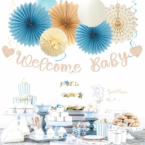 Light-Dusty Blue Boho Baby Shower Party-Decorations - 21pcs Beige Champagne Boy Neutral Welcome Baby Banner Decor,Paper Lanterns Pom Poms Fan Supplies,Streamers Garland Wall Backdrop Favors Huglony - Image 4