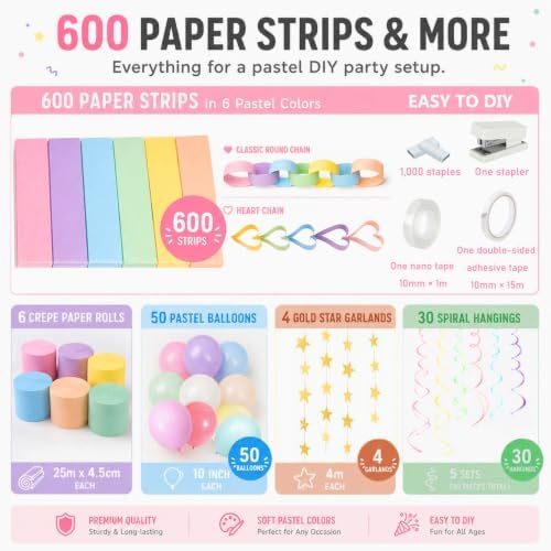 Paper Chain Garland Kit, Pastel Colorful DIY Party Decorations Set - Image 2