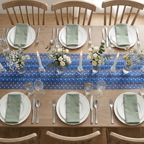 Artoid Mode Dark Blue Gauze Flocking White Dots Table Runner 10FT,Summer Sheer Dining Table Decor for Wedding Anniversary Holiday Birthday Home Party - Image 4