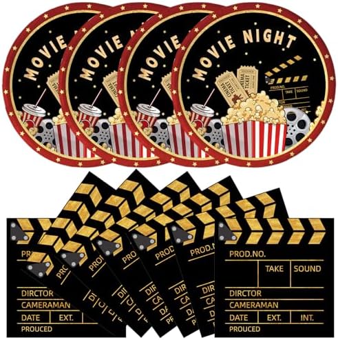 50Pcs Movie Night Plates and Napkins Party Supplies, Disposable Movie Theme Birthday Paper Plates Napkins Tableware Set for Film Action Lights Camera Popcorn Birthday Party Decorations (Movie Night) by Unknown