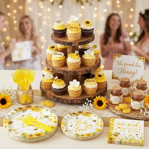96 Pcs Bride to Bee Bridal Shower Tableware Set, Sunflower Honey Theme Party Supplies with Plates Napkins Forks, She Found Her Honey Engagement Bachelorette Party Decorations for 24 Guests - Image 6