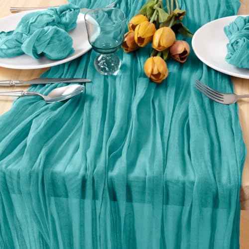 Teal Blue Table Runner Boho Fall Cheesecloth Table Runner Dinning Decor by MLMC