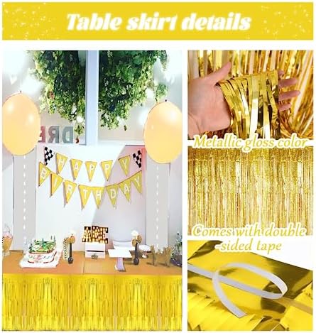 6 PCS Golden Metallic Foil Fringe Tinsel Table Skirts 9 Feet x 29.5 Inch - Image 3