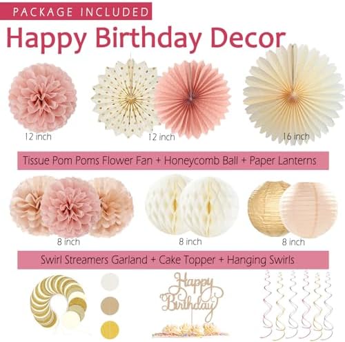 Boho-Pink Birthday Decorations, Happy Banner, Women Paper Lanterns Honeycomb, One Sweet Peach Streamers Garland, Retro Blush Pink Beige Metallic Gold Balloon for Birthdays Party Décor - Image 3