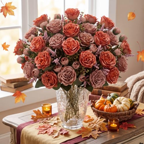Geosar 16 Bundles Artificial Peonies Flowers,Orange, Brown - Image 6