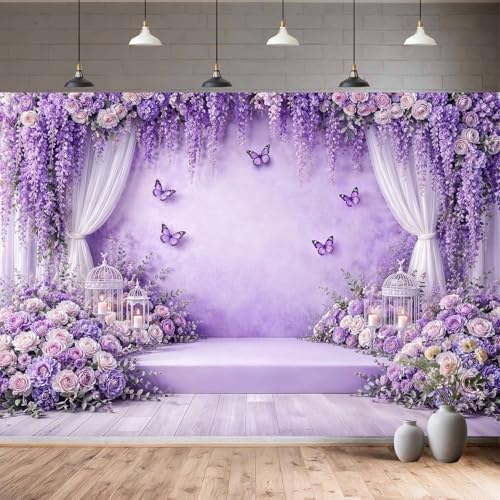 5X4ft Purple Lavender Butterfly Photography Backdrop Purple Wedding Flowers Girls Bridal Shower Party Decorations Background Baby Shower Birthday Party Cake Table Decor Photo Booth Props - Image 3