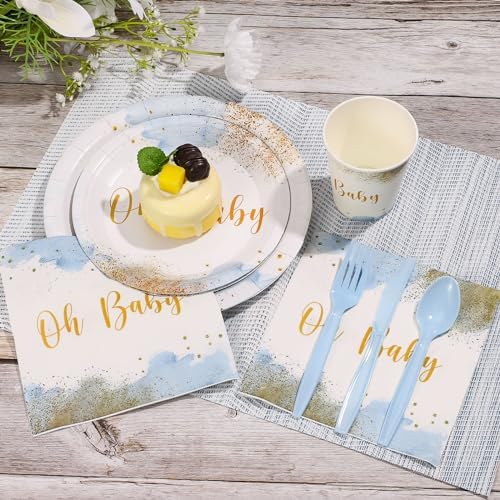 175 Pcs Baby Shower Tableware Set For 25, Dusty Blue Boy Party Supplies - Image 5