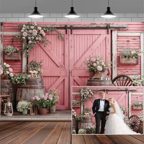 8x6ft Country Wedding Pink Photography Backdrop Rustic Wooden Barn Door Photography Backdrop Farmhouse Flower Western Girl Birthday Baby Shower Wedding Bridal Party Banner Photo Booth Props Background by Mtsxfy