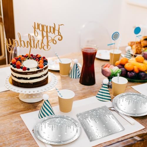 40PCS Silver Birthday Decorations Silver Glitter Happy Birthday Decoration Diamond Plates and Napkins Tablecloth for Men Women Birthday Party Supplies - Image 5