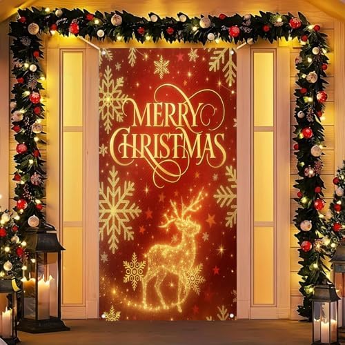 BlissYard Merry Christmas Door Cover 71x35 Inch Front Porch Door Banners Decoration Winter Golden Reindeer Snowflake Stars for Sign Party Indoor Decor by BlissYard