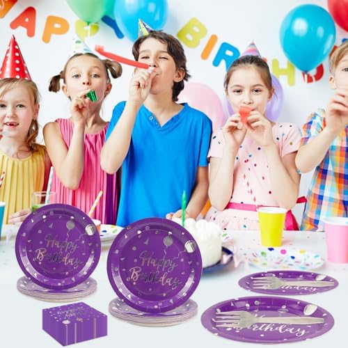 75PCS Happy Birthday Paper Plates and Napkins Set Purple&Sliver Plates - Image 4