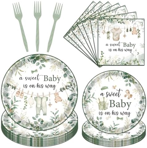 Baby Shower Tableware Set - 96 Pcs A Sweet Baby is on His Way Sage Green Baby Shower Plates Napkins Forks Decorations, Greency Party Dinnerware Supplies for Boys Serves 24 by Pinglooko