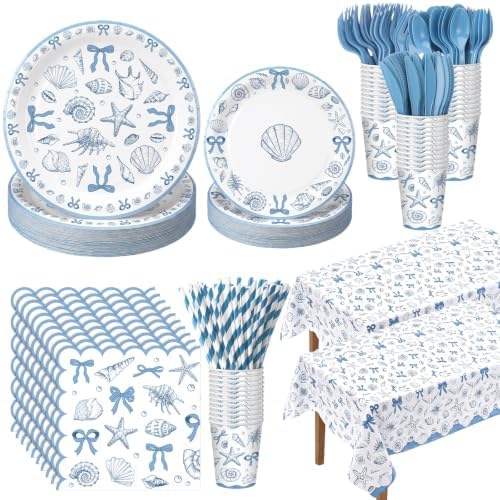 Vesici 452 Pcs Blue Bow Seashell Coastal Beach Party Supplies for 50 Guests by Vesici