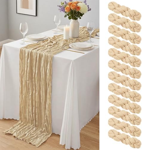 12 Pack Beige Cheesecloth Table Runner 10Ft, Gauze Table Runners 21.5 x 120 inch,Semi Sheer Cheese Cloth Fabric Runner Bulk for Wedding,Party,Baby Shower,Bridal Shower by Yemosa