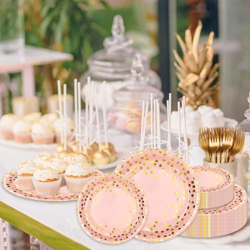 150 Pcs Pink and Gold Paper Plates Party Supplies,Serves 50 Guests 7" 9" Pink Gold Plates and Gold Plastic Forks,Disposable Paper Tableware Set for Birthday Wedding Bridal Shower Decorations - Image 6