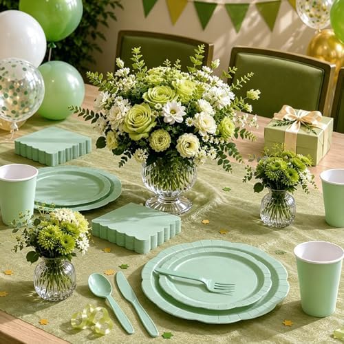 175 Pcs Sage Paper Plates and Napkins Party Supplies for 25 Guests, Food-Grade Thickened Disposable Tableware Set with Cutlerys, 7'' & 9'' Decagonal Plates for Engagement Party - Image 3