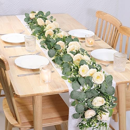 TOCHGREEN 4 Pack Artificial Eucalyptus Flower Garland with Champagne Roses - Image 2