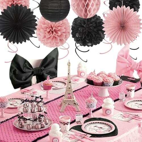 Blush-Pink Black Happy-Birthday Banner Party-Decorations - 31pcs 14th 40th Rose Gold Women Girls Paper Lanterns Streamers,Tissue Paper Flowers Pom Poms Fans Tassel Garland Sign Decor Backdrop Hugmoon - Image 2