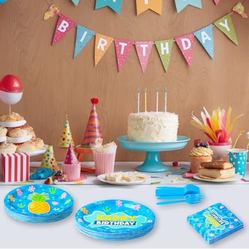 GaofanWai Ocean Pineapple Birthday Tableware - 96PCS Pineapple Party Paper Plate Set for Kid Summer Hawaii Ocean Plates Disposable Dinnerware Paper Napkins Forks for Baby Shower Party Supplies,24guest - Image 4