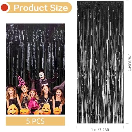 5 Pack Black Foil Curtain Backdrop 3.2ft x 9.8ft Metallic Tinsel Foil Fringe Curtains Streamer Photo Booth Backdrop for Birthday Party Engagement Bachelorette Party Decorations - Sparkle Black - Image 3
