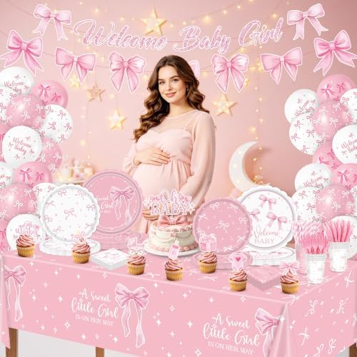 200Pcs Pink Bow Baby Shower Decorations Party Supplies for Girls, Serves 24 - Image 4
