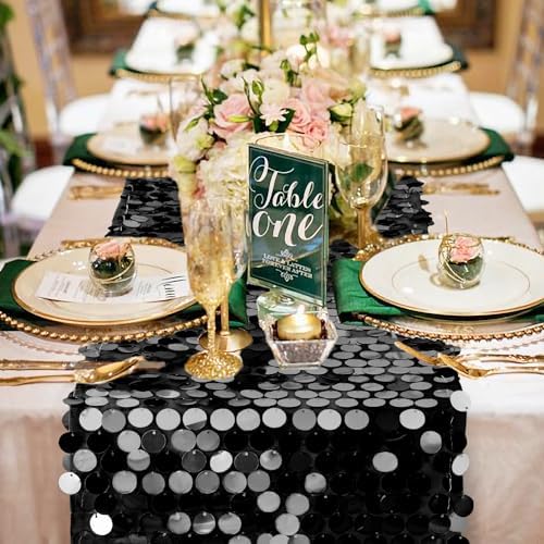 Pufogu 12 "x 108" Sequin Table Runner, Black Glitter Premium Big Sequin Table Runner, Rectangle Table Runners for Halloween, Christmas, Wedding Party, Birthday Party, Banquet Decor (1 Pack). - Image 2
