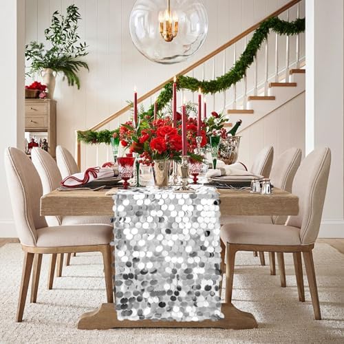 VHH Sequin Table Runner 12 x 108 inches Silver Table Runner, Glitter Runner for Party Wedding Birthday, Party Spring Easter Rustic, Birthday Supplies Decorations (1 Pack). - Image 2
