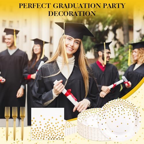 90 Pcs White and Gold Plates and Napkins Party Supplies, Scalloped Gold Polka Dots Tableware Set Include White Gold Dot Cake Dessert Plates, Napkin, Fork for Wedding, Retirement, Birthday, New Year - Image 7