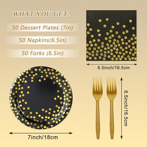 150 PCS Black and Gold Paper Plates and Napkins Party Supplies,Serves 25 Guests Black Gold Plates and Napkins,Disposable Paper Tableware Set for Birthday Graduation Retirement Decorations - Image 2