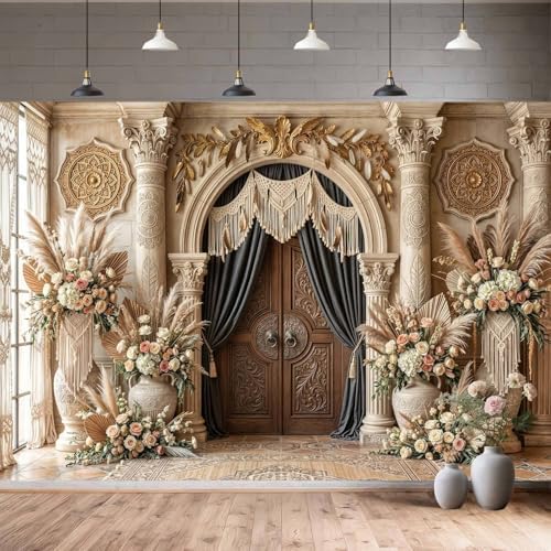 4X4ft Boho Floral Wedding Backdrop Retro Palace Elegant Flowers Background Photography Luxurious Wedding Bridal Shower Party Banner Photo Booth Props Anniversary Backdops - Image 3