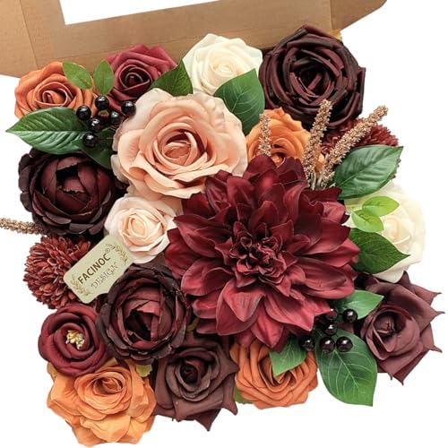 FACINOC Artificial Flowers Orange Burgundy Fake Flowers Dahlia Roses Bulk by FACINOC