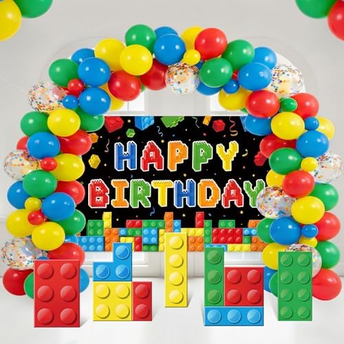 124 Pcs Building Blocks Birthday Party Decorations Set Brick Stand up Cardboard Cutouts Birthday Themed Backdrop Balloons Garland Arch Kit for Building Block Themed Celebration Supplies - Image 7