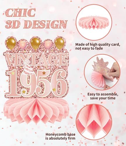9 Pcs 70th Birthday Decoration for Women 1956 Pink Table Honeycomb Decor - Image 5