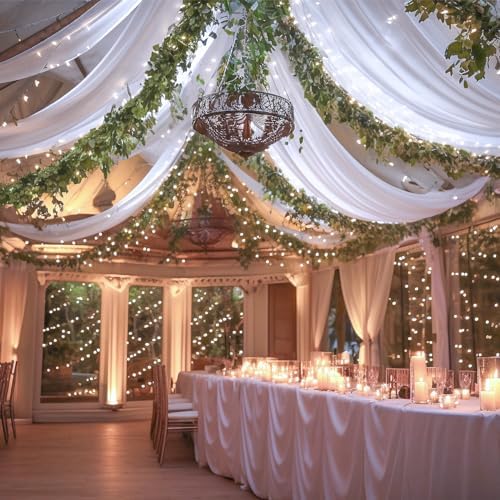 White Ceiling Drapes with Lights String for Weddings, 6 Panels 5ftx10ft Sheer Tulle Backdrop Photo Background Drapes for Wedding Ceremony Birthday Party Arch Decoration - Image 2