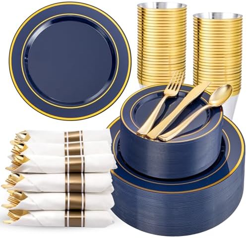 WDF Partyware 350PCS Navy Blue and Gold Plastic Plates with Rolled Napkins Include Dinner Plate 10’’, Dessert Plate 7’’, gold Cups 9 OZ, Pre Rolled Napkins for Birthday/Wedding/Party by WDF