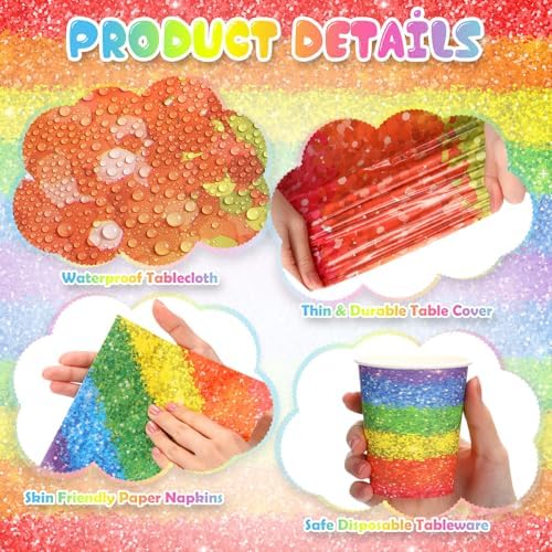 Zhehao 169 Pcs Rainbow Party Supplies Disposable Tablecloth Plates,Colorful - Image 3