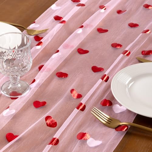 Gold Gauze Table Runner Red Heart Sheer Romantic Wedding Party Table Decor - Image 4