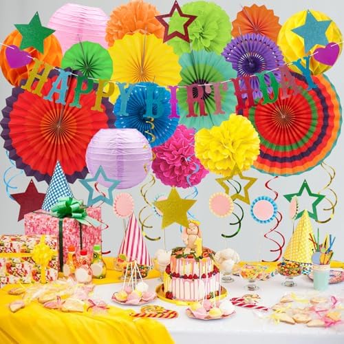 Multicolored Birthday Party-Decorations - 32pcs Colorful Fiesta Mexican Party Decorations for Men Women Boys Girls, Happy Birthday Banner Paper Streamers Lanterns Tissue Pom Poms - ZERODECO - Image 7