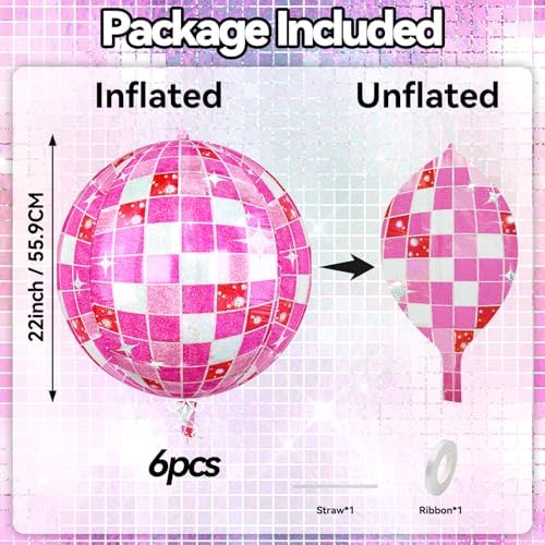 6pcs 22 Inch Pink Disco Ball Balloons, Shiny Pink Big Disco Foil Balloons - Image 2