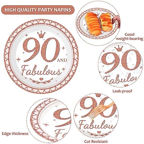 50 Guests 90th Birthday Decorations for Women, Rose Gold 90th Birthday Plates and Napkins Party Supplies 90th Year Fabulous Birthday Disposable Paper Tableware Cheers to 90 Years Dinnerware 200PCS - Image 3