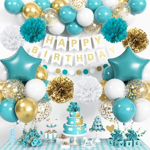 Teal & Gold Birthday Decorations - Turquoise Blue White Gold Balloons, Happy Birthday Banner, Foil Balloons, Aqua Pom Poms for Women & Girls Parties by Jobkoo