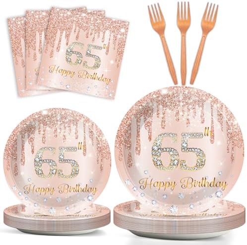 CHUNNIN 96Pcs 65th Birthday Decorations Pink Rose Gold Paper Plates Napkins Forks Set 65 Year Old Tableware Party Supplies Disposable Rose Gold Dinnerware Table Decor Favors for Women Serves 24 by CHUNNIN