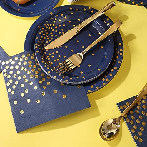 168Pcs Navy Blue Plates and Napkins Party Supplies, Blue Paper Plates Serve 24, blue and Gold Party Decorations, for Birthday, Fathers Day, Graduation, 4th of July - Image 3