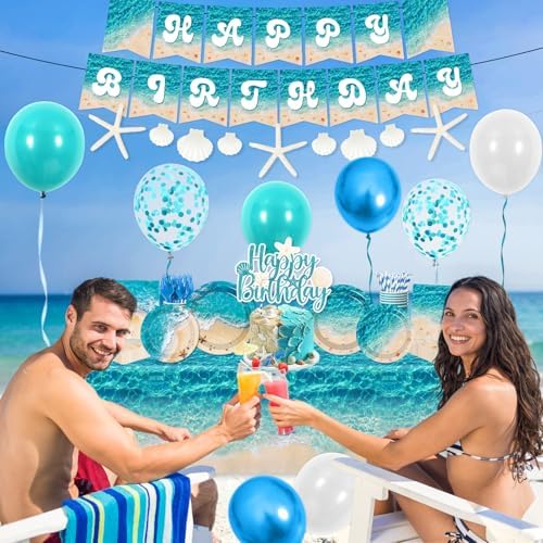Beach Birthday Party Decorations, 183Pcs Ocean Waves Birthday Party Decorations Summer Pool Hawaiian Beach Party Supplies Plates,Napkins,Cups,Banner,Tablecloth,Balloons,Cupcake Topper,Serves 24 - Image 3