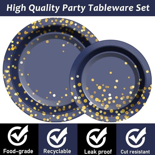 gisgfim 50 Guests Blue and Gold Party Supplies Decorations Tableware Set Blue and Gold Paper Plates Napkins Disposable Plates Graduation Tableware for Men Women Happy Birthday Party Decorations 200PCS - Image 3